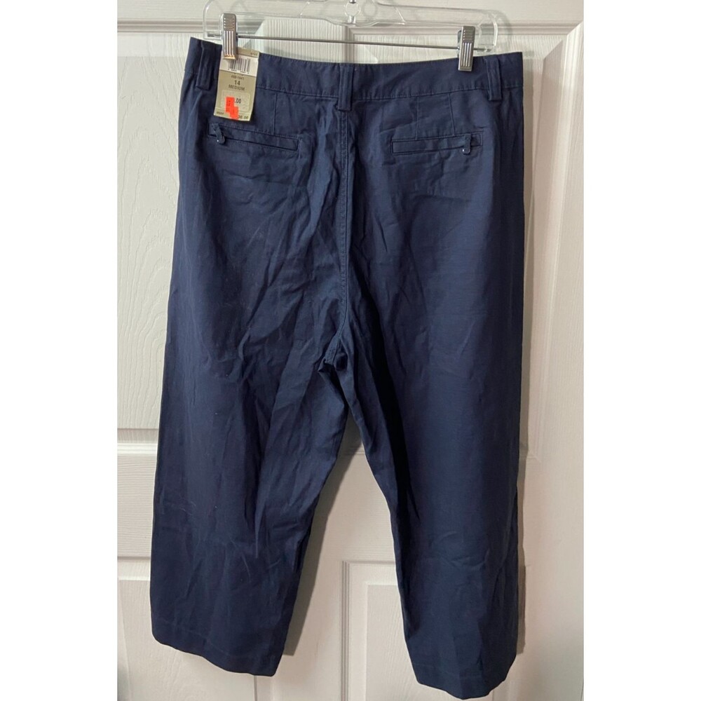 Lee Linen Blend Cropped Pants Size 14 straight Leg Front Tie Navy Blue Size 14 - Picture 2 of 13